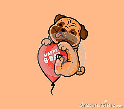 The logo Happy Birthday with dog and balloon. Logotype with funny pug and lettering phrase Cartoon Illustration
