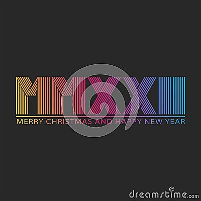 2022 logo Happy New Year and Merry Christmas text dark winter holiday background, HNY Roman number MMXXII trendy thin lines Vector Illustration