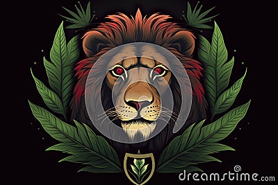 logo head of a lion in cannabis leaves on a dark background, marijuana animal medicine generative ai Stock Photo