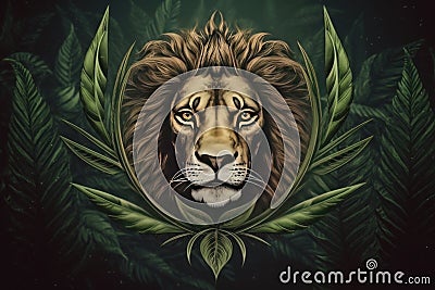 logo head of a lion in cannabis leaves on a dark background, marijuana animal medicine generative ai Stock Photo