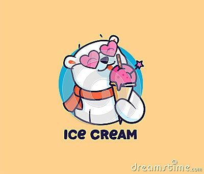 The logo head polar bear with ice cream. Food logotype with text, cute animal with glasses, cartoon character, badge Vector Illustration