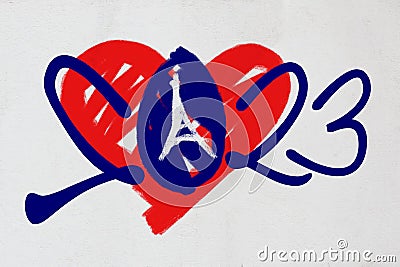 2023 logo with heart and Eiffel Tower in French colours. Editorial Stock Photo