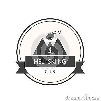 Logo for Heli-skiing club with helicopter, mountains and skier. Stock Photo