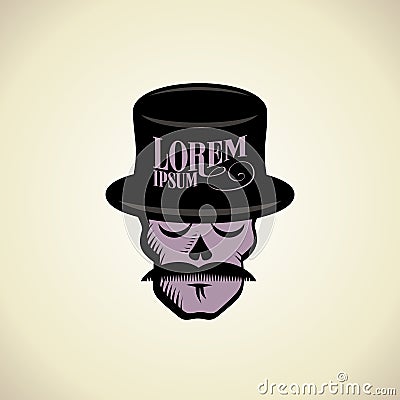 Logo with hipster skull dressed in cylinder hat. Vector Illustration