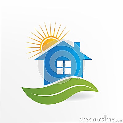 Logo house with sun and leaf icon identity business card Vector Illustration