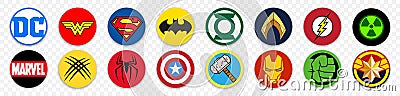 Logo Icon of the most famous superheroes DC & Marvel: Wonder Woman, Superman, Batman, Green Lantern, Aquaman, Flash, Wolverine, Vector Illustration