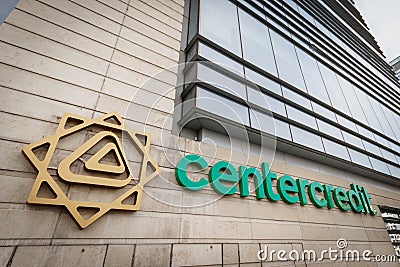 The logo of the Kazakhstan Bank CenterCredit on the Almaty building of the BCC Editorial Stock Photo