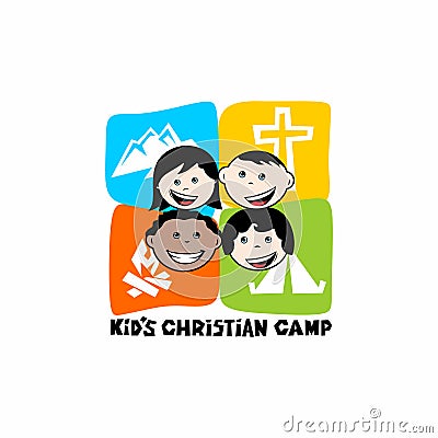 Logo of kid`s Christian camp. Mountains, cross and tent, kiddies. Vector Illustration