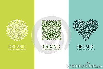 Logo or label concept with green leaves in circle, square and heart shape. Organic eco product design elements Vector Illustration