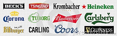 Logo label of famous global brand Beer: Guinness, Corona, Tuborg, Heineken, Carlsberg, Budweiser, Coors, Carling, Becks, Bitburger Vector Illustration