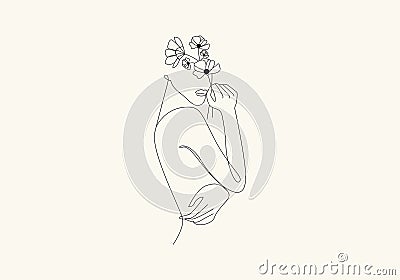 Logo Lady Flower Continous Line Art, Vogue Boho Minimalist Vector Illustration