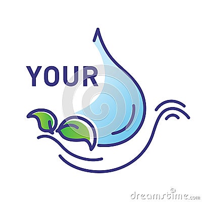 Logo line illustration of a drop of water and green leaves Cartoon Illustration