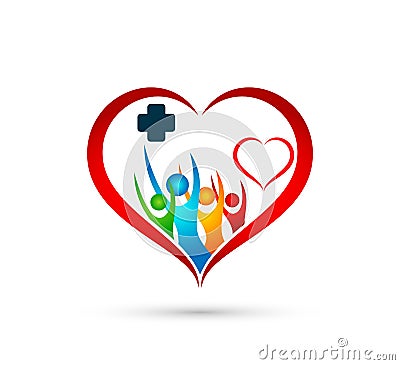 People family medical care logo in hear shape icon winning happiness health together team success wellness health symbol Stock Photo