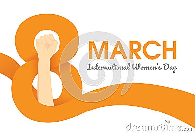 Logo 8 march with ribbon and raised arm fist of woman standing. International Women`s Day. Vector Illustration