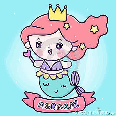 Logo Mermaid princess cartoon holding magic wand kawaii fish animal Vector Illustration