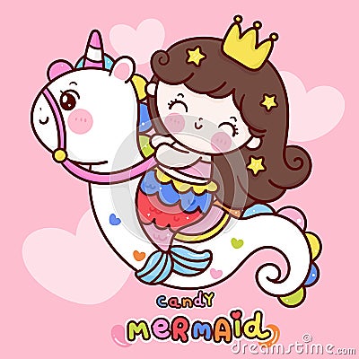 Logo Mermaid princess cartoon ride unicorn sea horse vector kawaii fish animal Pony child Vector Illustration