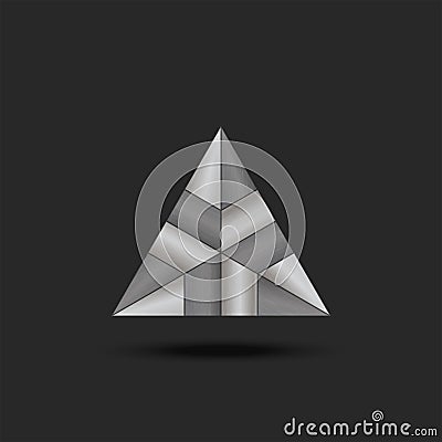 Logo metal triangle futuristic element, complex composite sectional structure with machined steel texture Vector Illustration