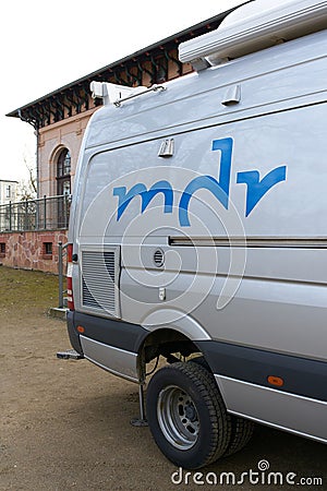 Logo of the Mitteldeutscher Rundfunk, Central German Broadcasting, mdr, on an outside broadcast van Editorial Stock Photo