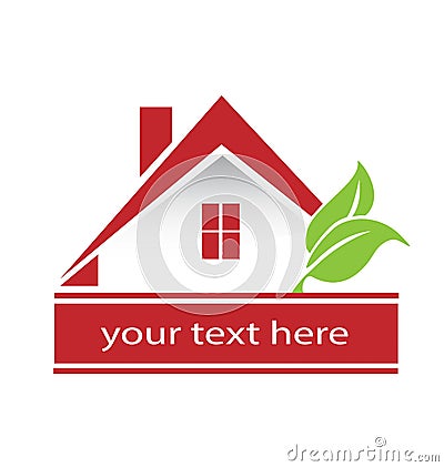 Logo Modern Red house and leafs Vector Illustration