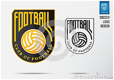 Soccer logo or Football Badge template design for football team. Sport emblem design of golden soccer ball on black shield Vector Illustration