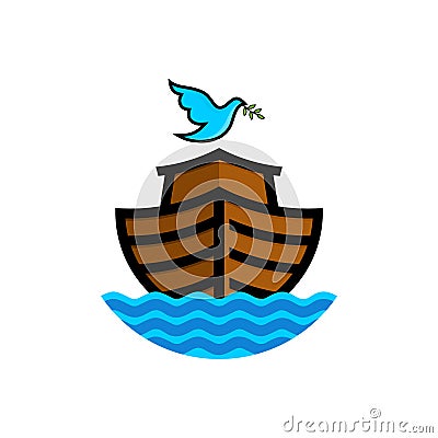 Logo of Noah`s Ark. Dove with a branch of olive. Ship to rescue animals and people from the Flood. Biblical illustration Vector Illustration
