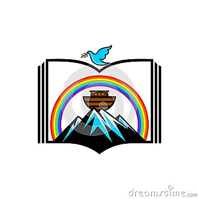 Logo of Noah`s Ark. Rainbow - a symbol of the covenant. Dove with a branch of olive. Ship to rescue animals and people Vector Illustration