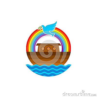 Logo of Noah`s Ark. Rainbow - a symbol of the covenant. Dove with a branch of olive. Ship to rescue animals and people Vector Illustration