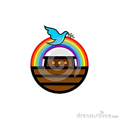 Logo of Noah`s Ark. Rainbow - a symbol of the covenant. Dove with a branch of olive. Ship to rescue animals and people Vector Illustration