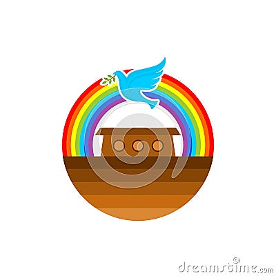 Logo of Noah`s Ark. Rainbow - a symbol of the covenant. Dove with a branch of olive. Ship to rescue animals and people Vector Illustration