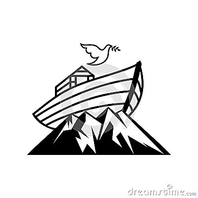 Logo Noah`s ark on top of the mountain. Dove with a branch of olive. Ship to rescue animals and people from the Flood. Vector Illustration