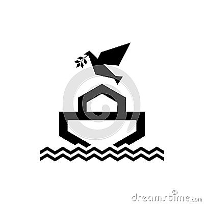Logo Noah`s ark on top of the mountain. Dove with a branch of olive. Ship to rescue animals and people from the Flood. Vector Illustration
