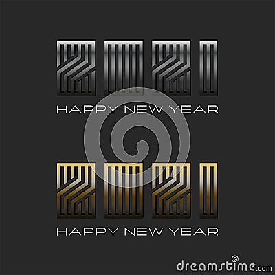 2021 logo number metallic font and text Happy New Year black background, steel maze thin lines minimal style, design element for Vector Illustration