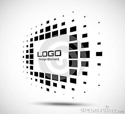 Logo perspective frame. Abstract rectangle dots emblem for technology. Distort border using halftone texture. Vector. Vector Illustration