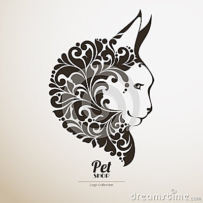 Logo pet shop. Ornate cat icon Decorative maine coon vector illustration. Vector Illustration