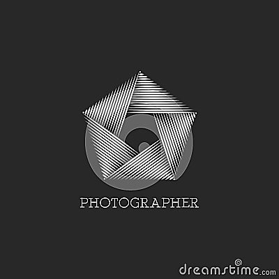 Logo of the photographer or photo studio, black and white interlacing lines aperture of the camera lens abstract pentagon symbol Vector Illustration