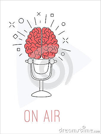 Logo podcast radio broadcast. Brain with mic play button background Vector Illustration