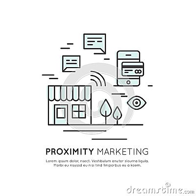 Logo of Proximity Marketing, Public Hotspot Zone Wireless Internet Wi-Fi Free. Sending messages, information and offers to users, Cartoon Illustration