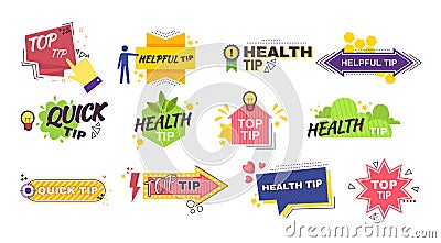Emblems and banners helpful tricks advices, quick tip, tip top Vector Illustration