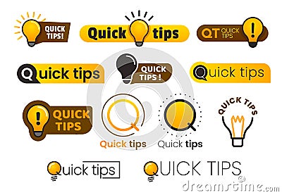 Logo quick tips. Yellow lightbulb icon with quicks tip text. Lamp of advice idea vector banner set Vector Illustration