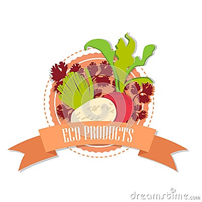 Logo radishes and beets with the inscription `Eco products`. Vector Illustration