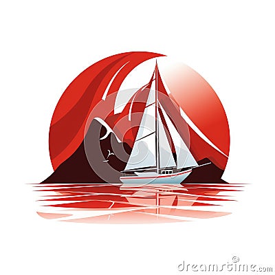 logo of red Brig with scarlet sails among sea waves on white background Stock Photo