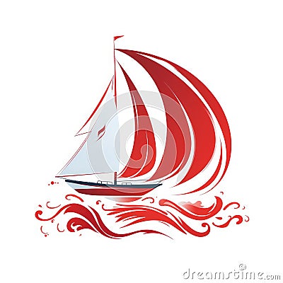 logo of red Brig with scarlet sails among sea waves on white background Stock Photo