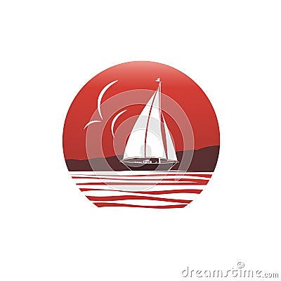 logo of red Brig with scarlet sails among sea waves on white background Stock Photo