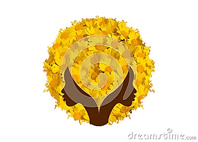 Logo round design African american woman face portrait with flowers curly afro hair. Women profile hairstyle silhouette of yellow Vector Illustration