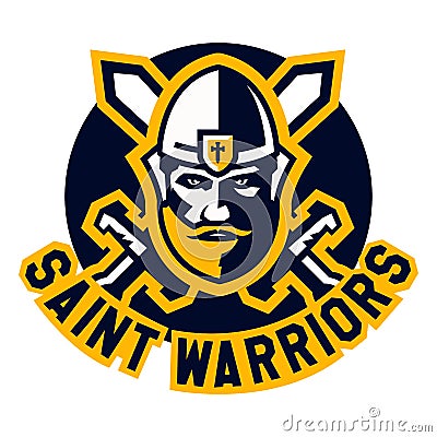 Logo saint warriors. Face Knight, Paladin, viking. Helmet, crossed swords. The logo on the topic the middle ages and the Vector Illustration