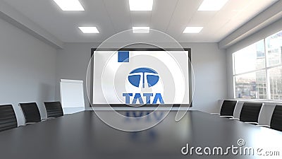 Tata Group logo on the screen in a meeting room. Editorial 3D rendering Editorial Stock Photo
