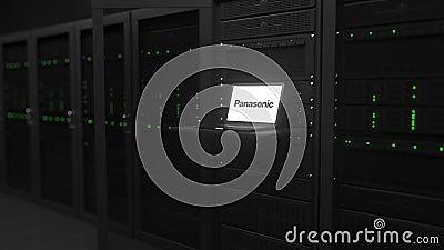 Laptop with the logo of PANASONIC on the screen in a server room. Conceptual editorial 3d rendering Editorial Stock Photo