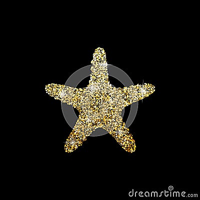 Logo of the sea star. Silhouette of a marine animal of the glittery powder on a black background. Gold star Stock Photo