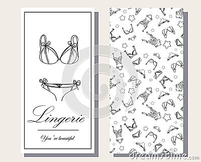 Logo and seamless pattern for Fashionable women`s lingerie collection, illustration sketch. BRAND STYLE of women`s lace Cartoon Illustration