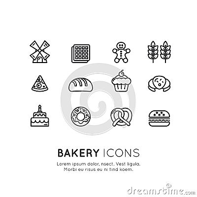 Logo Set of Bakery Sweet Shop, Custom Cake Production, Bread Factory, Pretzel and Waffle, Donut, Cookie Vector Illustration